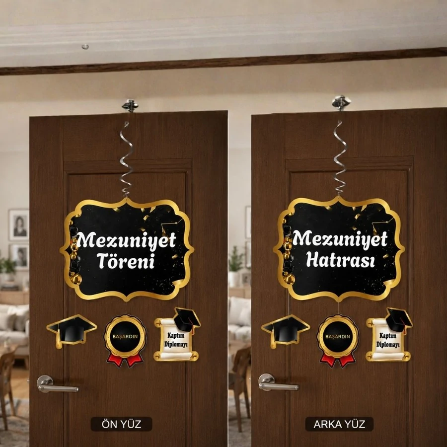 Mezuniyet Partisi Asmalı Tavan Süsü Kapıya asılmış, ön ve arka yüzü farklı basılmış mezuniyet temalı asmalı süsler, siyah zemin üzerine altın renkli kep figürleri