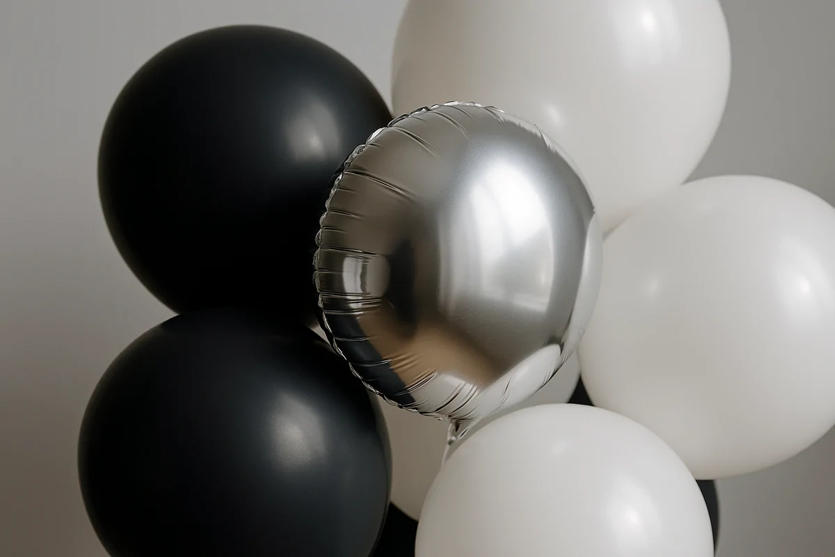 Siyah ve beyaz latex balonlar ile krom gümüş folyo balonun yakın plan detayı
