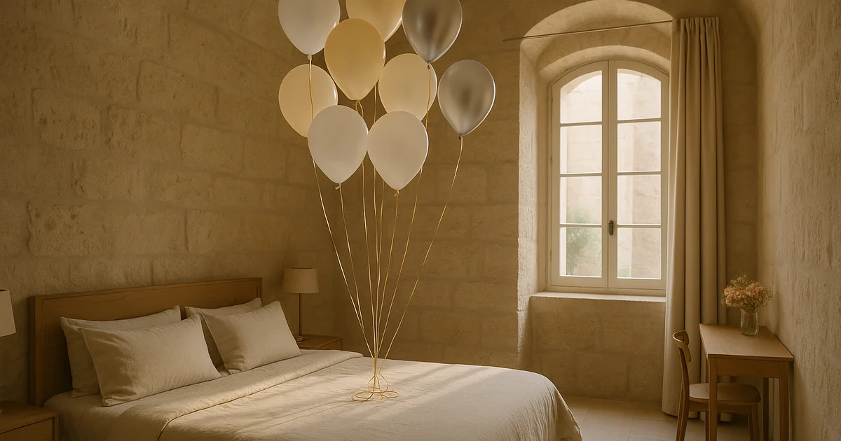 Butik otel odasında tavana yükselen beyaz ve gümüş helyumlu balon demeti Butik otel odasında tavana yükselen beyaz ve gümüş helyumlu balon demeti