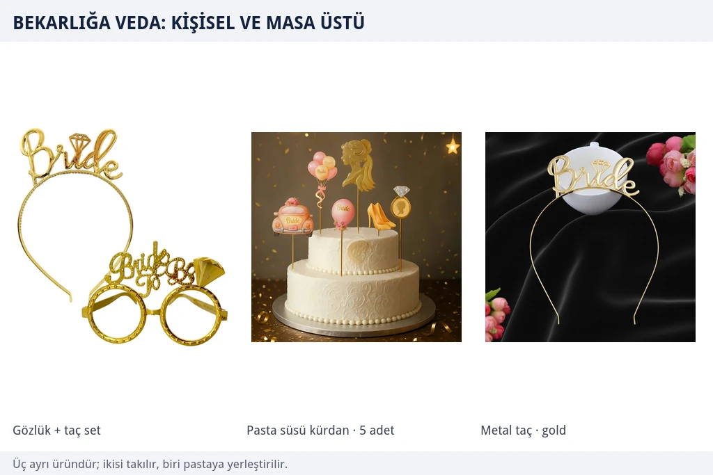 Bekarlığa vedada kişisel ve masa üstü ürünler Gold Bride To Be gözlük ve taç seti, pastaya yerleştirilmiş gold bride pasta süsü kürdanları ve gold Bride metal taç