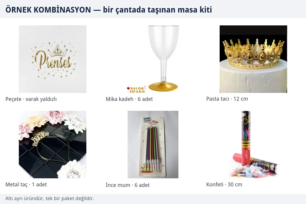Bir çantada taşınabilen masa kiti örneği Varak yaldızlı peçete, altın mika kadeh, pasta tacı, metal taç, ince mum ve konfetiden oluşan altı parçalı örnek parti malzemesi kombinasyonu