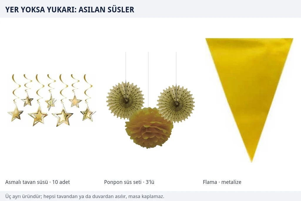 Tavandan ve duvardan asılan üç süsleme ürünü Altın yıldızlı asmalı tavan süsü, altın ponpon ve yelpaze süs seti ile metalize gold üçgen flama