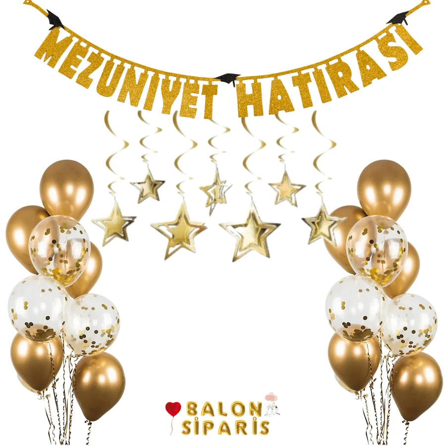 Mezuniyet Hatırası Seti Gold Altın renkli Mezuniyet Hatırası yazısı, yıldızlı asma süsler ve altın konfetili balonlardan oluşan hazır mezuniyet seti