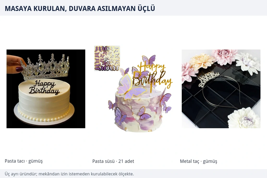 Masa üstünde kalan üçlü kombinasyon Gümüş pasta tacı, mor kelebek pasta süsü seti ve gümüş Happy Birthday metal taçtan oluşan üç parçalı masa üstü kombinasyonu