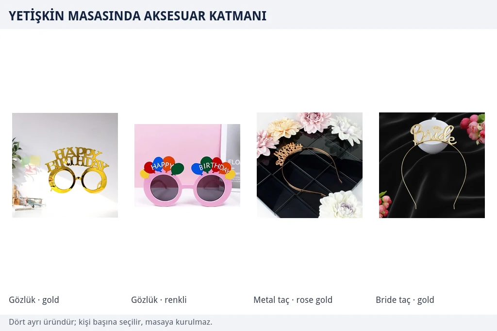 Kişiye takılan dört parti aksesuarı Gold ve renkli Happy Birthday parti gözlükleri, rose gold Happy Birthday metal taç ve gold Bride metal taçtan oluşan dört parçalı aksesuar grubu