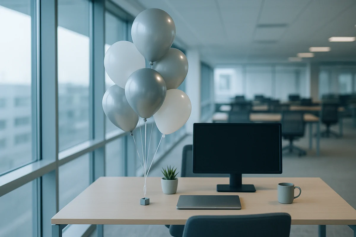 Kozyatağı'nda bir ofis masasının köşesine ağırlıkla sabitlenmiş gümüş, krom ve beyaz helyumlu balon demeti