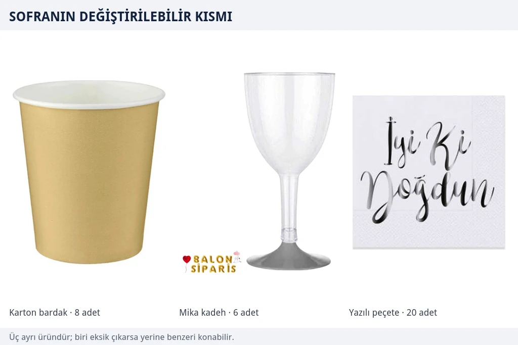Sofranın değiştirilebilir kısmı Gold karton bardak, gümüş ayaklı mika kadeh ve üzerinde İyi Ki Doğdun yazan varaklı gümüş peçete