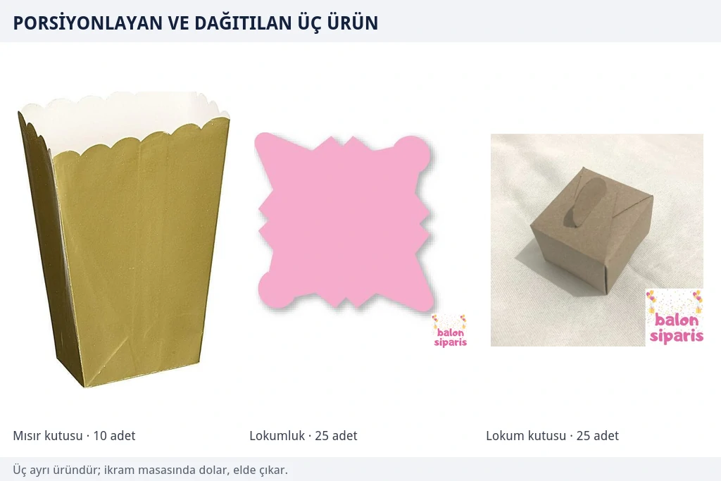 İkramı porsiyonlayan üç ürün Altın renkli patlamış mısır kutusu, pembe kulah biçimli lokumluk ve kraft renkli kare lokum kutusu