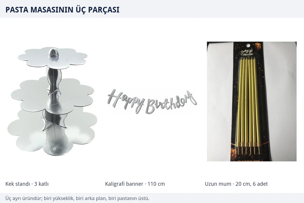 Pasta masasının üç parçası Üç katlı gümüş karton kek standı, gümüş kaligrafi Happy Birthday banner ve yirmi santimetrelik altı adetlik gold mum paketi