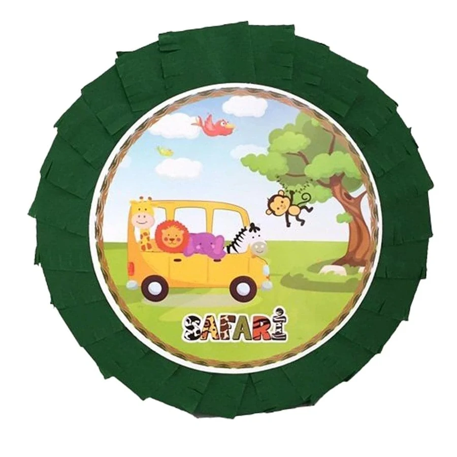 Safari Pinyata 45 cm Koyu yeşil püsküllü kenarlara sahip, ortasında safari araçlı hayvan çizimi bulunan kırk beş santimetrelik pinyata