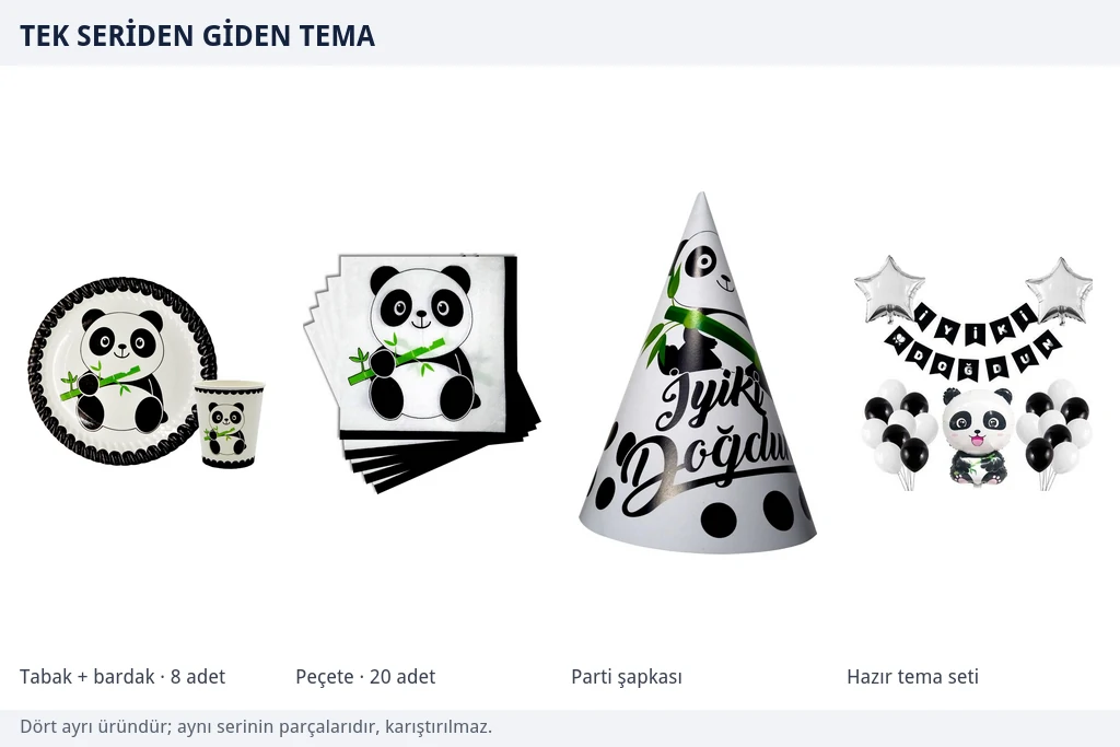 Aynı seriden dört kalem Panda desenli karton tabak ve bardak seti, aynı desenli peçete, parti şapkası ve hazır doğum günü seti