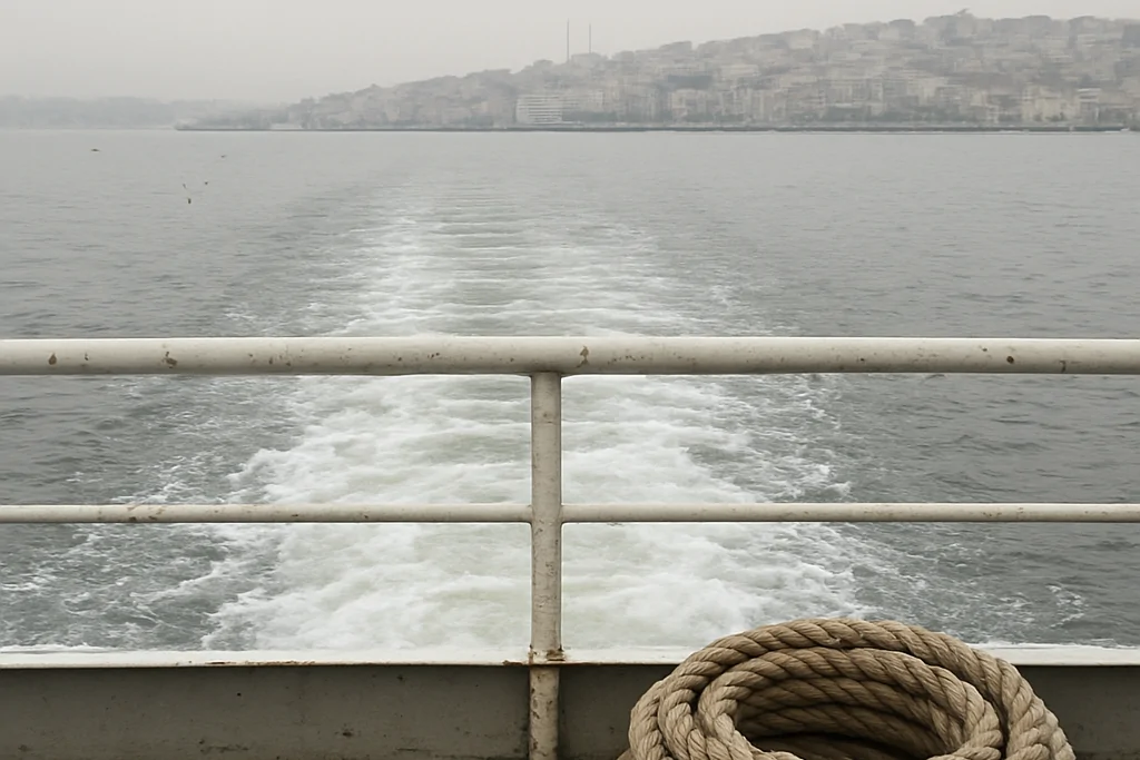 İki yaka arasındaki geçiş Şehir içi bir yolcu vapurunun arka güvertesinden, dümen suyu ve puslu havada uzaklaşan karşı kıyının göründüğü deniz manzarası