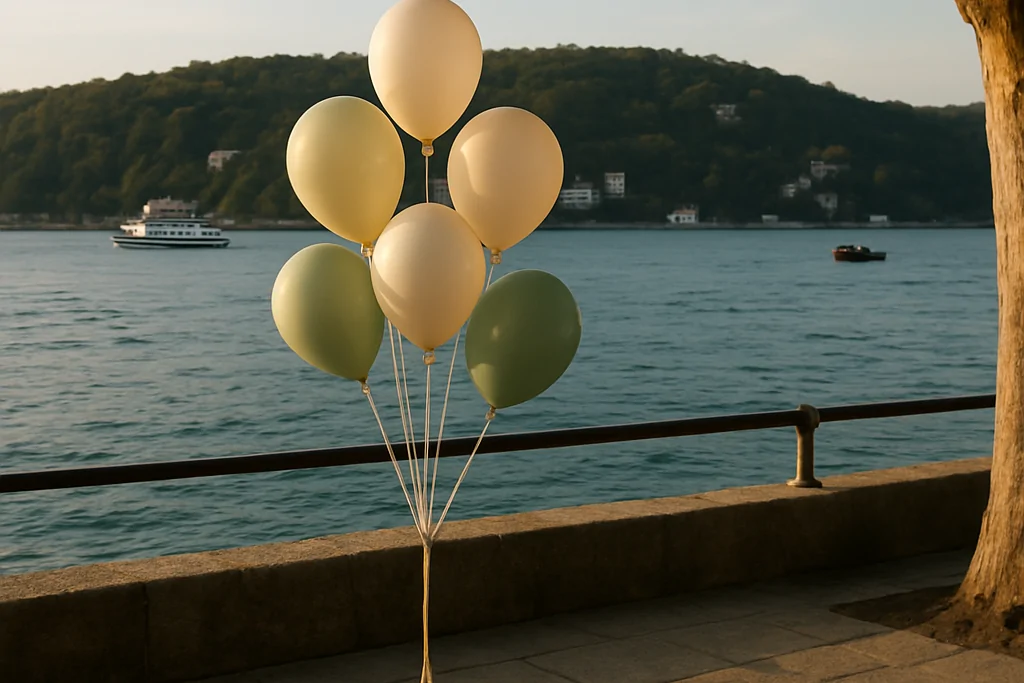 Boğaz kıyısında taş korkuluğun önünde duran fildişi, açık sarı ve adaçayı yeşili tonlarında helyumlu balon demeti; arkada karşı yakanın ormanlık yamacı ve geçmekte olan bir vapur görünüyor