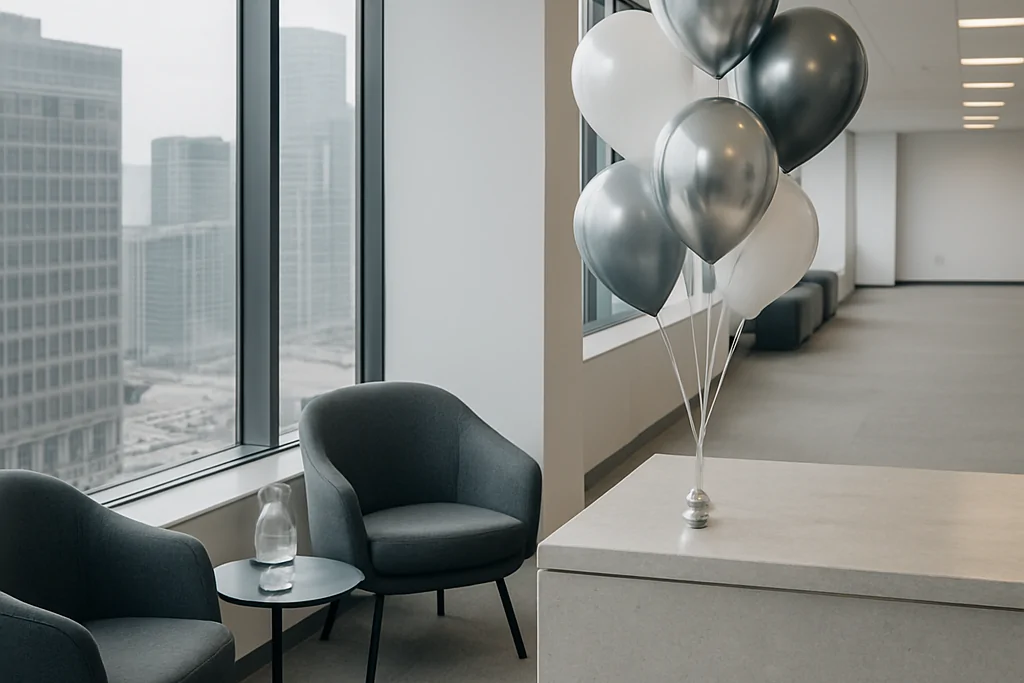 Yüksek katlı bir ofis katının karşılama köşesinde taş bankonun üzerindeki küçük ağırlığa bağlanmış krom gümüş, beyaz ve antrasit helyumlu balon demeti; camdan aşağıdaki gri iş bölgesi görünüyor