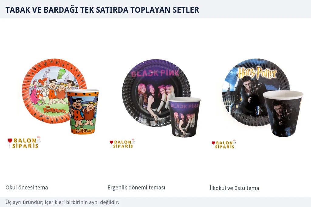 Üç ayrı temada tabak-bardak seti Üç ayrı temaya ait karton tabak ve bardak setleri, taş devri, siyah pembe müzik grubu ve büyücü temaları
