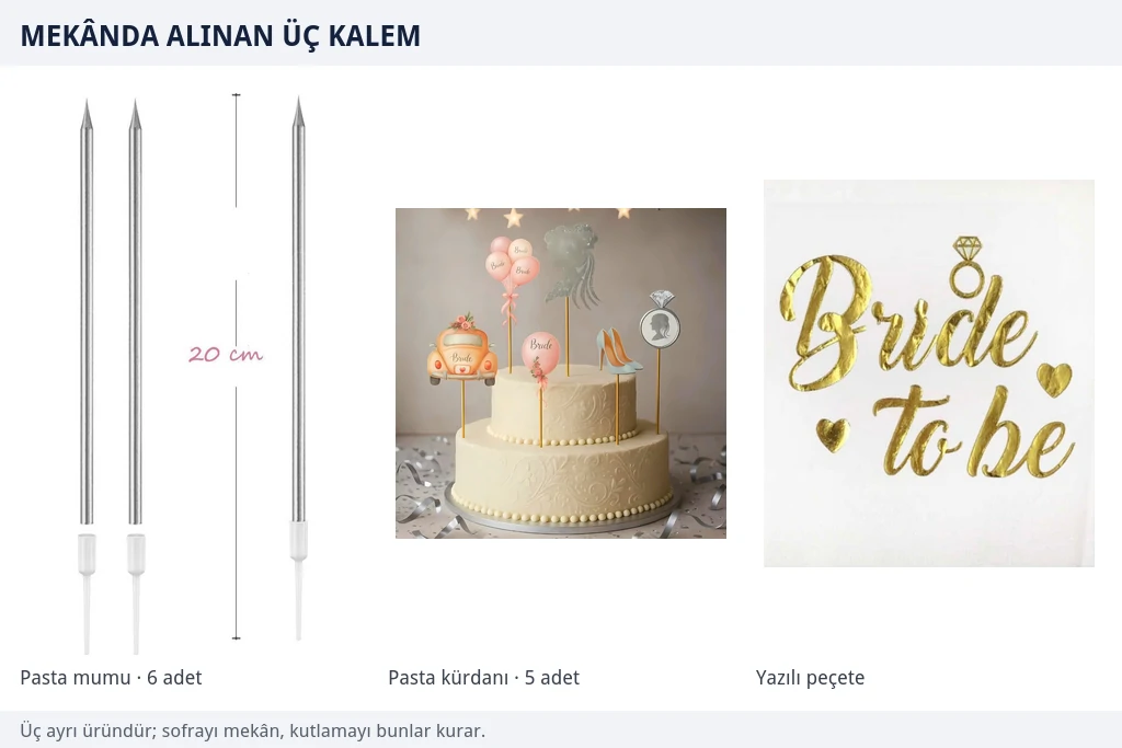 Mekânda kutlama için gereken üç kalem Uzun gümüş mum takımı, gümüş renkli pasta süsü kürdanları ve gold varaklı yazılı peçete ayrı ayrı