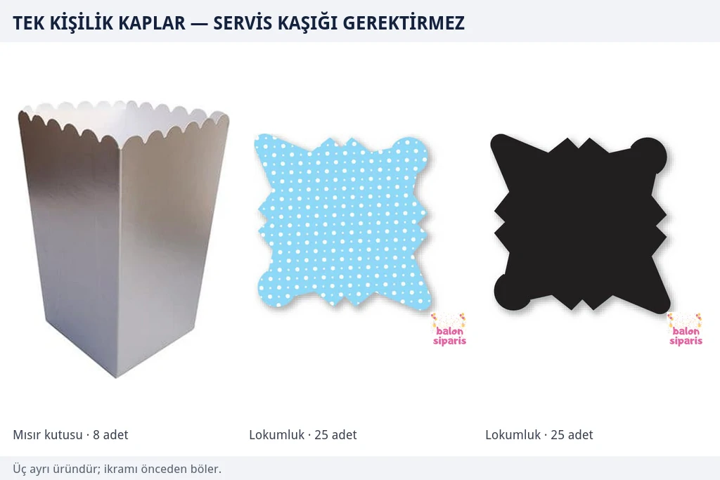 Tek kişilik kaplar: servis kaşığı gerektirmeyen üç kalem Gümüş renkli patlamış mısır kutusu ile mavi puantiyeli ve düz siyah külah biçimli ikram kapları yan yana