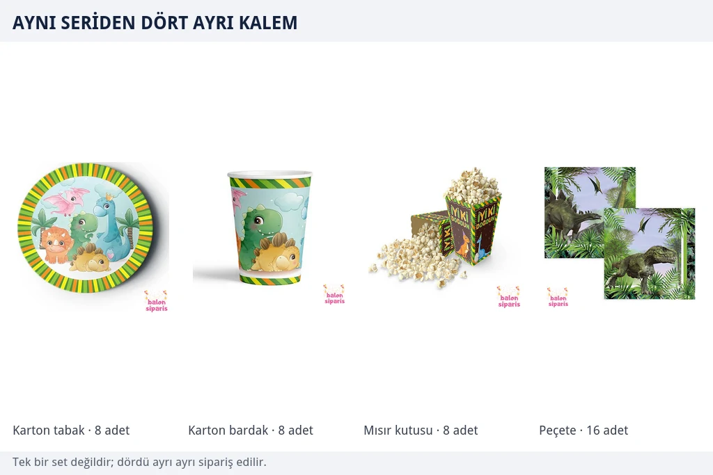 Aynı seriden dört ayrı kalem Dinozor desenli karton tabak, karton bardak, patlamış mısır kutusu ve peçete dört ayrı ürün olarak