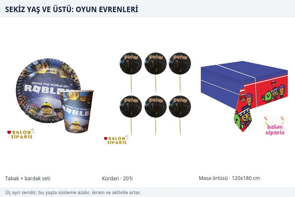 Sekiz yaş ve üstü için oyun temalı üç ürün Roblox desenli karton tabak ve bardak seti, Harry Potter desenli kürdanlar ve Brawl Stars desenli plastik masa örtüsünden oluşan büyük çocuk grubu ürünleri