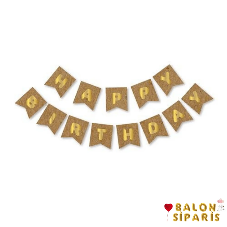 Happy Birthday Yaldızlı Banner Kraft Gold Kraft karton üzerine altın yaldızlı harflerle basılmış, ipe dizilmiş Happy Birthday yazısı
