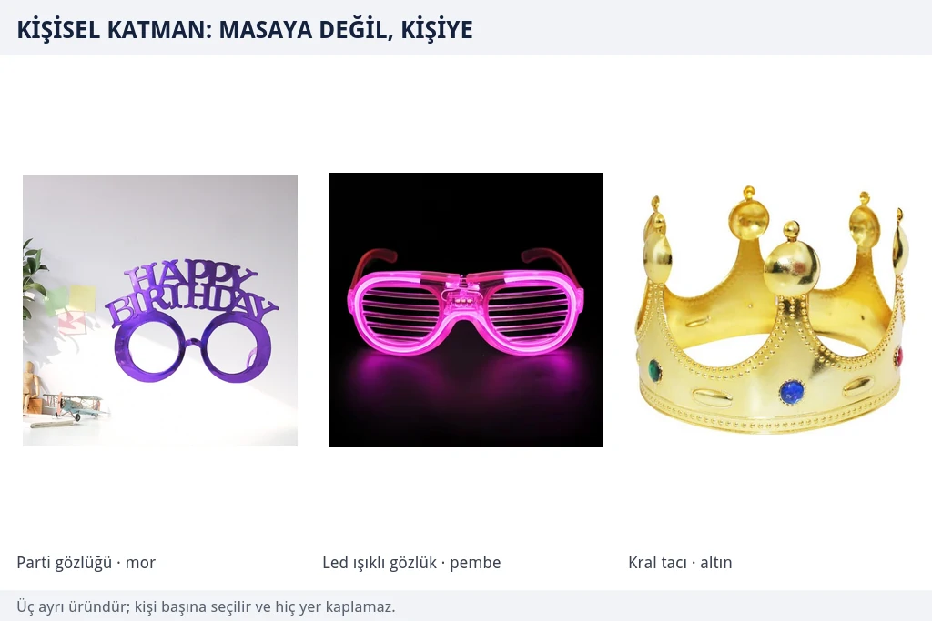 Kişiye takılan üç parti aksesuarı Mor Happy Birthday parti gözlüğü, pembe led ışıklı parti gözlüğü ve altın renkli çocuk boy plastik kral tacından oluşan üç parçalı aksesuar grubu