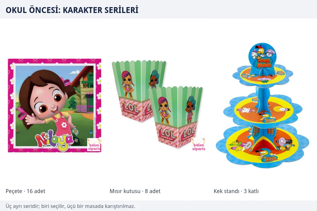Okul öncesi yaş grubu için karakter temalı üç ürün Niloya desenli karton peçete, LOL Bebek desenli patlamış mısır kutuları ve Kral Şakir desenli üç katlı kek standından oluşan karakter temalı ürün grubu