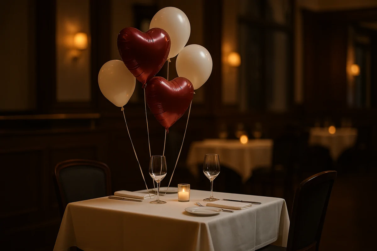 Restoran masasında kalpli helyumlu balonlarla sürpriz İki kişilik restoran masasında ağırlıkla sabitlenmiş kırmızı ve beyaz kalpli helyumlu balonlar