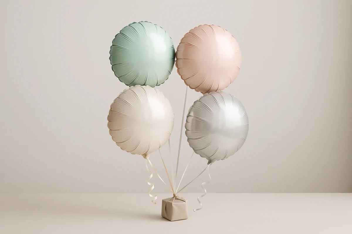 Yenidoğan ziyareti için küçük folyo balon demeti Pastel tonlarda küçük bir folyo helyumlu balon demeti, sade açık renk arka plan
