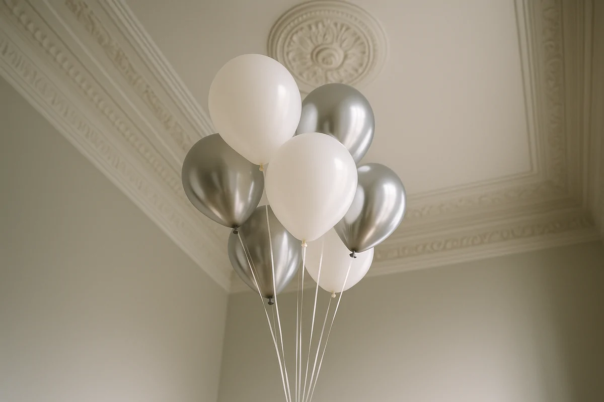 Yüksek tavanda uzun iple sarkan balon demeti detayı Yüksek tavanlı bir salonda alçı kornişin altında toplanmış beyaz ve krom balonlardan sarkan uzun ipler