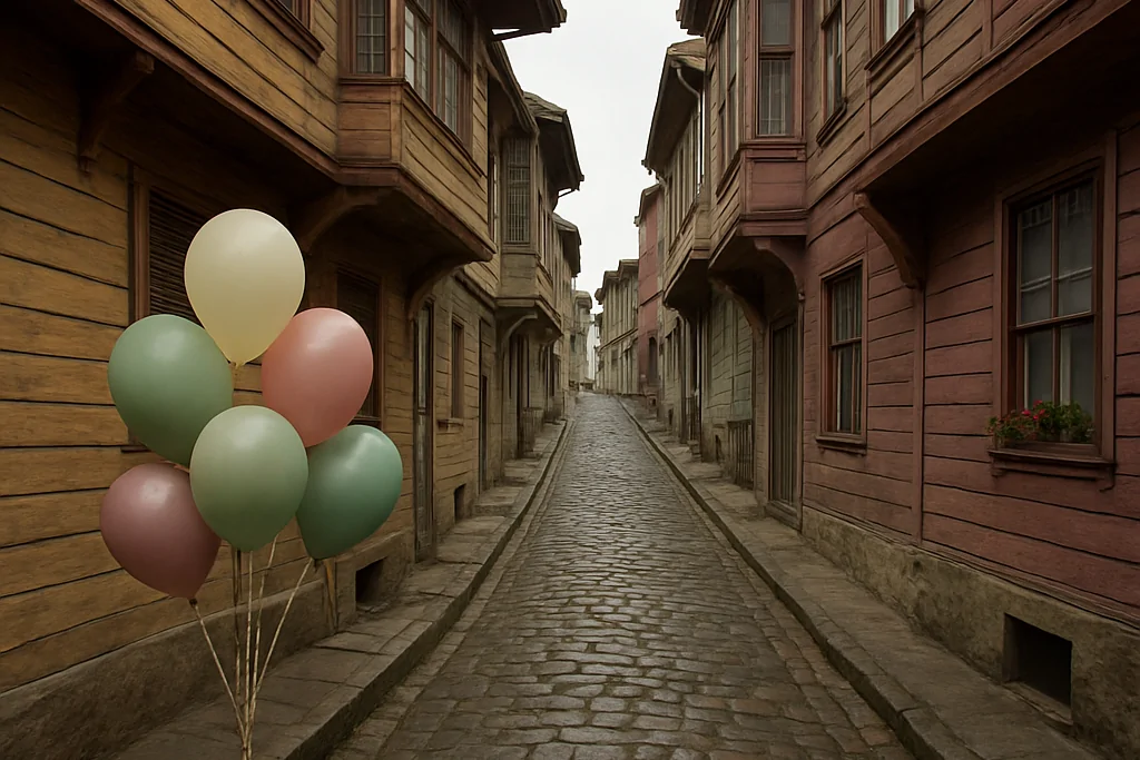 Boğaz kıyısındaki bir semtin dik, dar ve arnavut kaldırımlı sokağında ahşap cumbalı evlerin arasında duran helyumlu balon demeti
