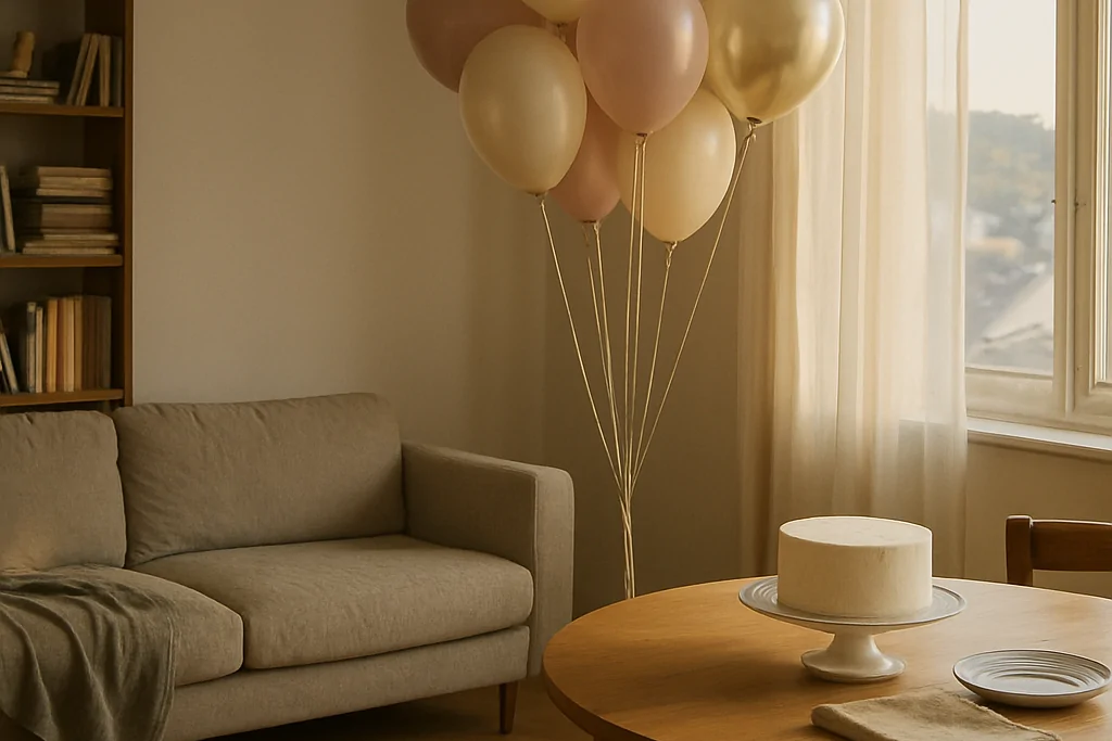 Apartman dairesinde pasta masasının arkasında tavana yakın duran krem ve gül kurusu tonlarında helyumlu balon kümesi