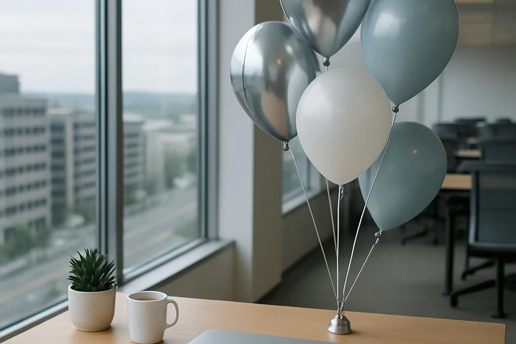 Ofis katındaki bir çalışma masasının ucunda metal ağırlığa bağlanmış krom ve beyaz tonlarda küçük helyumlu balon demeti