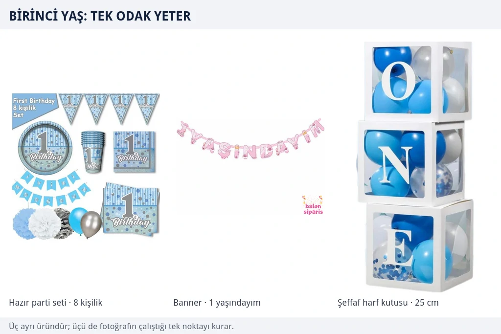Sekiz kişilik mavi 1 yaş parti seti, pembe 1 yaşındayım banner ve ONE yazılı şeffaf kutu