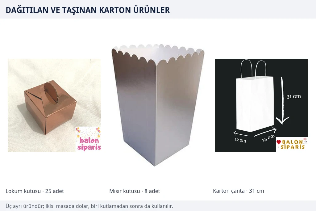 Rose gold renkli 25 adetlik lokum kutusu, gümüş renkli patlamış mısır kutusu ve düz beyaz 31 cm karton çanta