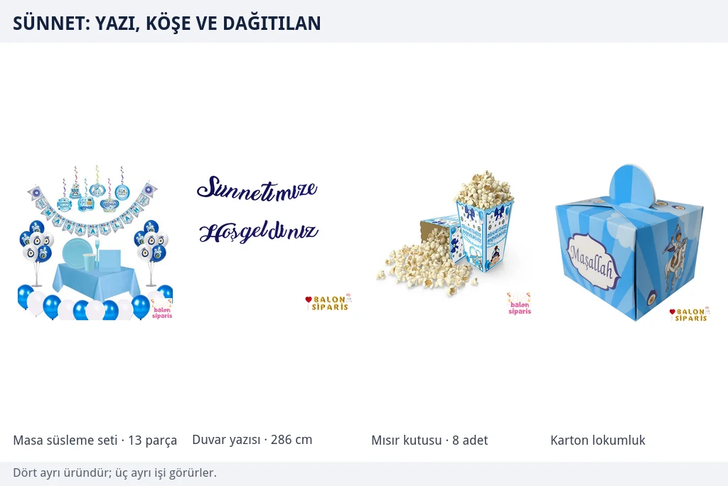 Sünnet için 13 parçalık mavi masa süsleme seti, Sünnetimize Hoşgeldiniz yazısı, patlamış mısır kutusu ve Maşallah yazılı karton lokumluk