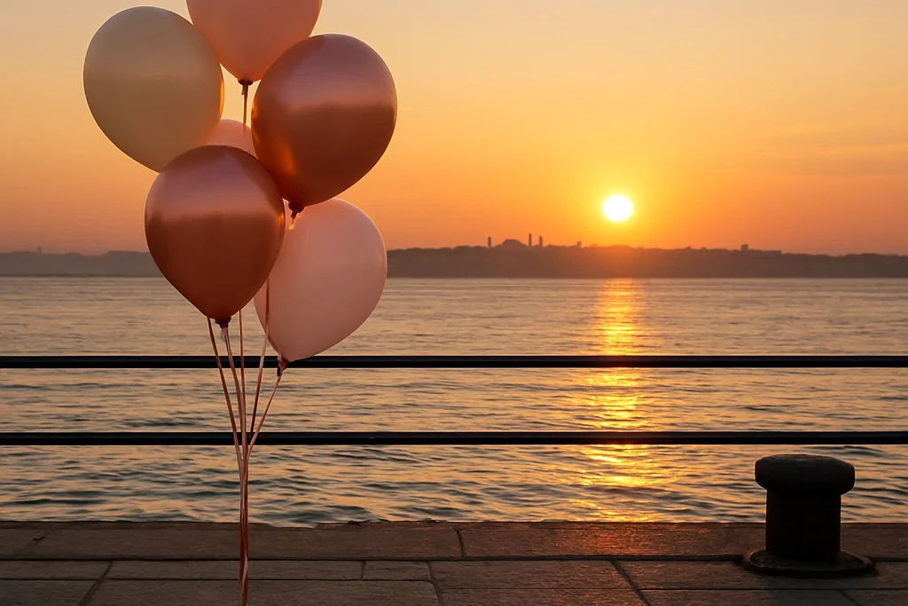 Üsküdar sahilinde gün batımında karşı yakanın silueti önünde ağırlıkla sabitlenmiş helyumlu balon demeti